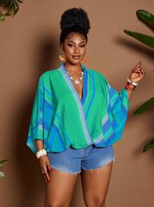 Maweii 大码休闲度假撞色条纹蝙蝠袖衬衫 - 藍色 - 查看 5