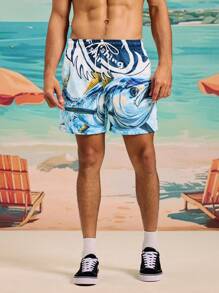 Surfspeed 男士夏季休闲印花抽绳沙滩短裤 - 黑色 - 查看 4