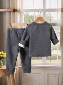 Baby Boys Casual Thermal Lined Long Sleeve Round Neck T-Shirt & Elastic Waist Pants 2 Pieces Set, Suitable For Spring, Autumn And Winter, For Home, Outdoor And School Wear