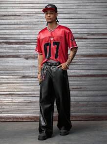 AXEPEAK 豹纹拼接休闲宽松直筒男士夏季长裤，秋季 - 黑色 - 查看 5