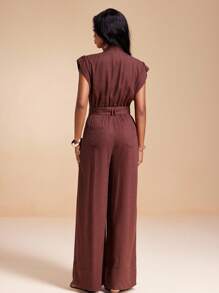 MIRENZI 亚麻混纺V领短袖阔腿连体裤，带可拆卸腰带，女款夏秋季