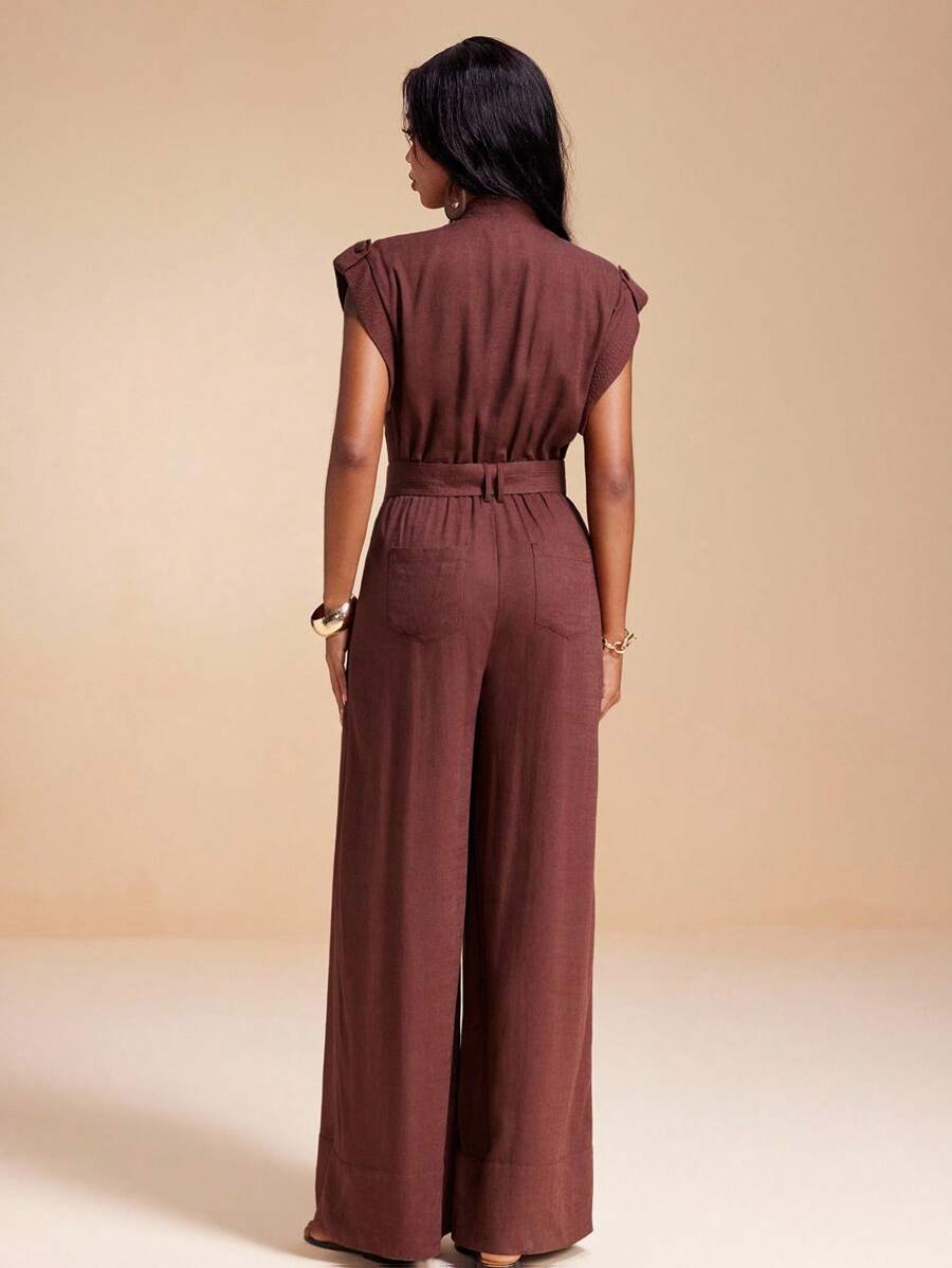 MIRENZI 亚麻混纺V领短袖阔腿连体裤，带可拆卸腰带，女款夏秋季