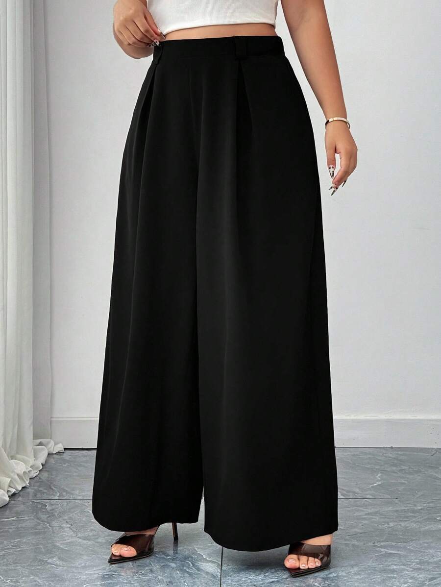 Elenzga Pantalones informales de pierna ancha y larga de color negro de talla grande con elástico en la espalda, aptos para primavera, verano y otoño