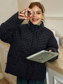 DAZY 青少年女孩格子印花插肩袖休闲夹克，冬季 - 藍色 - 查看 6