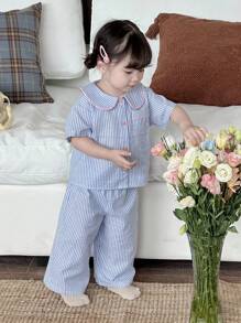 Dazy Kids 女童清新条纹 Polo 领衬衫和宽松裤子两件套睡衣套装 - 藍色 - 查看 7