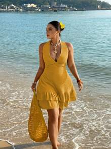 SHEIN SunnyBelle Đầm suông hở lưng cổ chữ V sâu cỡ lớn, đi nghỉ - Màu vàng - Xem 6