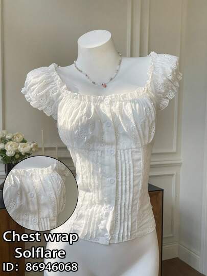 Comfortcana Plus Size Women's White Square Collar Ruffle Embroidered Laser Cut Casual Summer Short Sleeve Shirt,Cute,Vacation,European Summer,Beach,Crop Tops,Going Out,School,Button Up Shirt