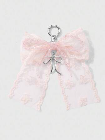 Kawaii 1 pezzo Portachiavi/ciondolo da borsa con fiocco fatto a mano decorato con perline, strass e pizzo a rete, carino e versatile, adatto per ragazze/donne, per uso quotidiano o come regalo