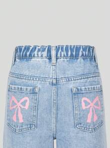 Tween Girls Casual Fashion Light Blue Denim Butterfly Print Pockets Loose Wide Leg Comfortable Everyday Relaxed Fit Washed Denim Jeans Girls Wide Leg Jeans With Bows Summer Holiday Fall Winter - Light Wash - View 8