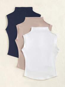 Sweetra Top canotta senza maniche da donna casual di colore unito, con colletto alto e stile minimalista