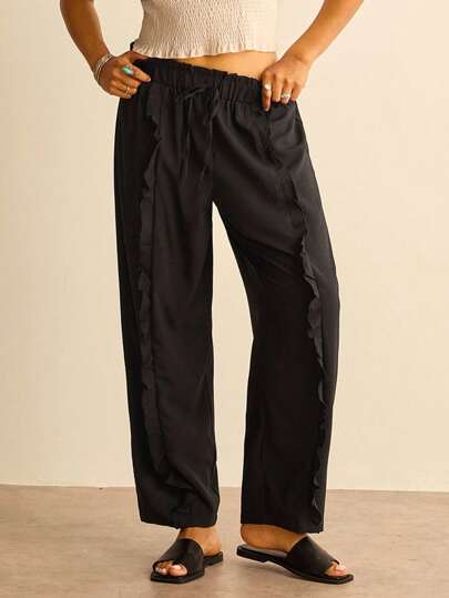 SHEIN VCAY Plus Size Women Simple Casual Tie-Waist Frill Trim Loose Pants, Elastic Waist Pants Ruffle Pants Wide Leg Pants Black Pants Western Wear Women Vintage Airport 2000s Style Winter Vacation Back To School Teacher School Back To School Fall Grunge Old Money Kawaii Travel Airport Casual Autumn
