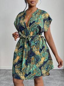 SHEIN PETITE CURVE Plus Size Vacation Bat-Sleeve Belted Shirt Dress,Summer Outfits For Women,Sun Dresses For Women Woman S Summer Clothes Women Summer Clothing Women Short Dresses Summer Summer Dresses For Women  Country Concert Outfit For People Of Shorter Stature - Green - View 3