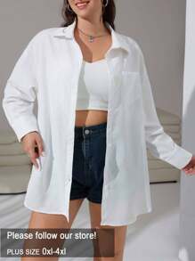 SHEIN EZwear Camisa Feminina Plus Size Com Bolso De Ombro Em Cor Sólida - Branco - View 1