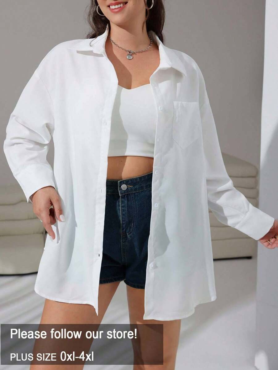 SHEIN EZwear Camisa Feminina Plus Size Com Bolso De Ombro Em Cor Sólida - Branco - View 1