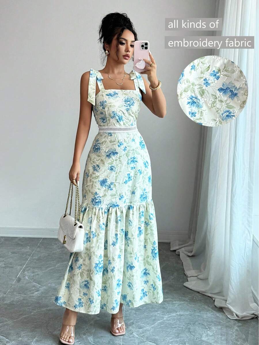 Rafferiza Vestido de encaje con volantes hasta la pantorrilla, sin mangas, con lazo en los tirantes y diseño patchwork para mujeres