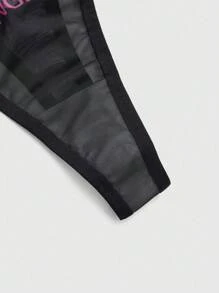 ROMWE Women's Sheer Mesh Letter Print Sexy Thong Panties