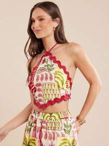 L'Amorae Top halter sin espalda con detalles de ribete ondulado, estampado tropical para vacaciones de primavera y verano