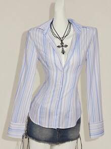 SHEIN ICON Women's Striped Shirt, Vintage Sexy Backstrap Cinched Waist Office Mermaid Style, Avant-Garde - Multicolor - View 3