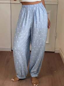 DAZY Women's Bow Pattern Allover Print Ruched Hem Lantern Pajama Pants, Fall - Blue - View 6