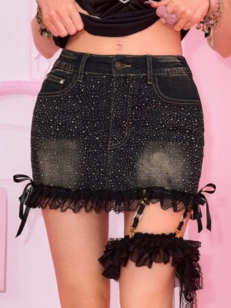 ROMWE Avant Minifalda de mezclilla con recorte de encaje y aplicaciones de strass, estilo retro Y2K para mujer