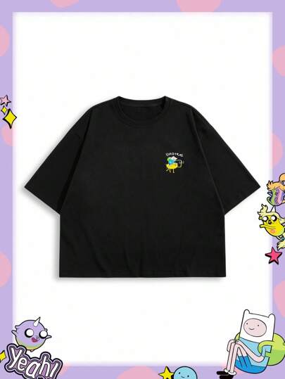 Adventure Time X ROMWE Camiseta negra de manga corta holgada con estampado divertido de dibujos animados y letras para hombre, para verano