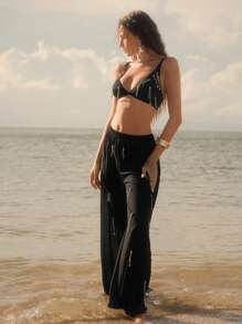 Elaire Women's Summer Vacation Beach Fringe Detail Bikini Set - Black - View 5