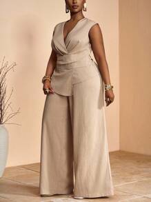 Veslaya 2 Piezas Set Talla grande: Top cruzado sin mangas con bajo desigual y pantalón ancho de cintura alta, elegante para fiesta, oficina, noche, boda, cita, primavera/verano 2025