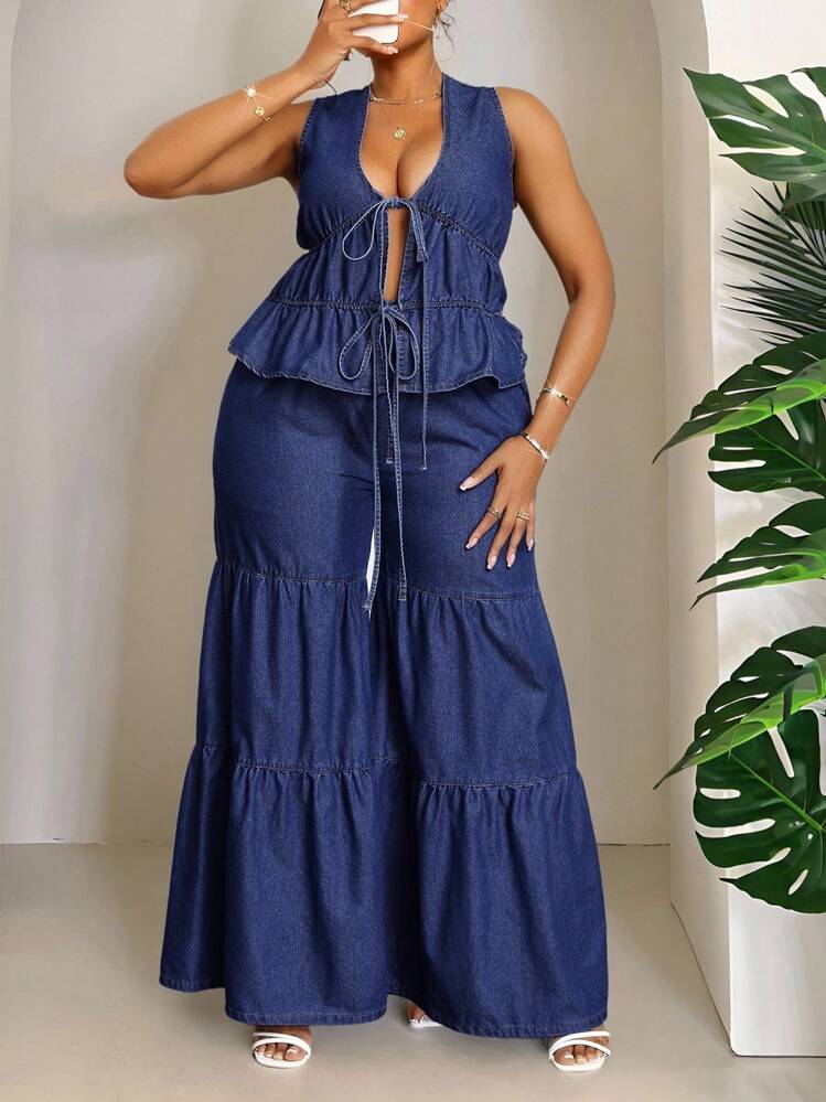 Slaydiva 大码蓝色牛仔休闲合身无袖背心 - 深色水洗藍 - 查看 5