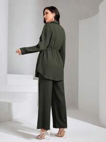 Graceveil Flap Pocket Drawstring Waist Shirt & Wide Leg Pants 2 Pieces Set Modest - Army Green - View 2