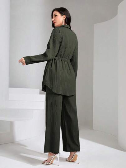 Graceveil Flap Pocket Drawstring Waist Shirt & Wide Leg Pants 2 Pieces Set Modest