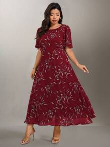 Flouryn Women Summer Plus Size Elegant Burgundy Chiffon Printed A-Line Maxi Dress,Autumn Wedding Guest Mal ,Easter Tea Party Vacation Spring Fall Dresses - Multicolor - View 4