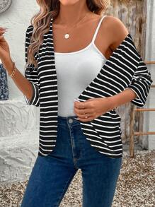 EMERY ROSE Damen Lässig Minimalistisch Modisch Schwarz-Weiß Gestreifter 3/4 Arm Jacke Gestreifter Cardigan für Herbst/Winter