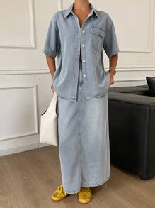 Livesso Women Summer Short Sleeve Shirt & Denim Skirt 2-Piece Set - Blue - View 4