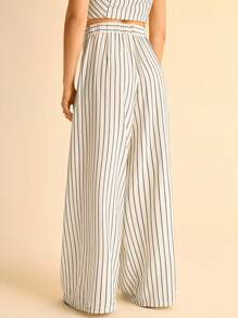 CAJUNI Women's Holiday Beige And Black Striped ,Relaxed Fit Wide Leg Casual Pants, Suitable For Travel And Commute,Pantalones De Mujer,Pantalones,Summer Pants,Bolero,Pantalones Cortos,Pantalones De Vestir Mujeres,Trousers,Pantalón De Vestir,Pantalones Mujer,Pantalón De Vestir Mujer