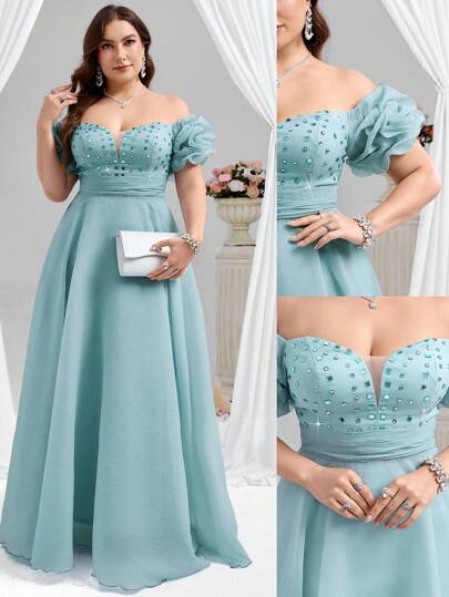Coutiva Elegante vestido de fiesta de vuelo con hombros caídos, cuello en V profundo con strass, manga corta abullonada y plisada. Apropiado para fiesta de cumpleaños, ceremonia de graduación, cena