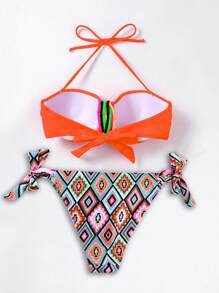 Swim Vcay Printed Random Pattern Bikini Set, Push-Up & Gather Design For Summer Beach Vacation - Orange - View 5