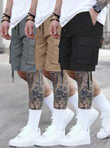Manfinity Homme 3pcs Men's Casual Street Style Flap Pocket Drawstring Waist Cargo Shorts, Summer - Multicolor - View 3