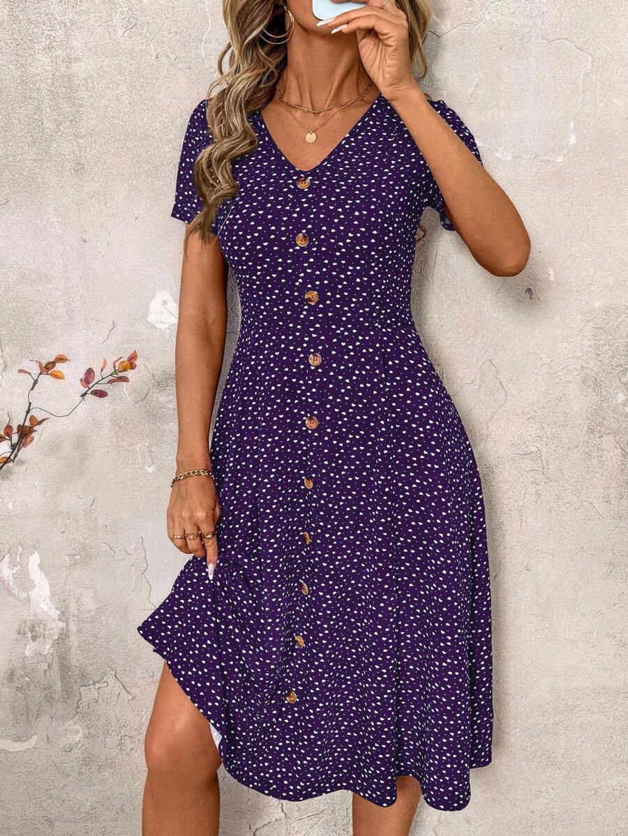 SHEIN Clasi 大码花卉V领短袖单排扣休闲夏装 - 紫色 - 查看 1