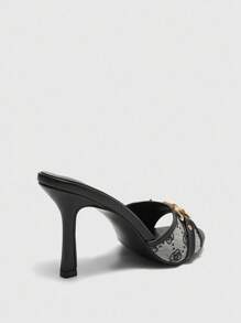 CUCCOO BIZCHIC 黑色 PU 混合时尚金色扣撞色圆头一脚蹬舒适高跟凉鞋