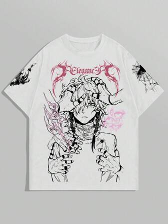 Anime Camiseta casual de algodón de manga corta y cuello redondo con estampado de dibujos animados para hombres, verano