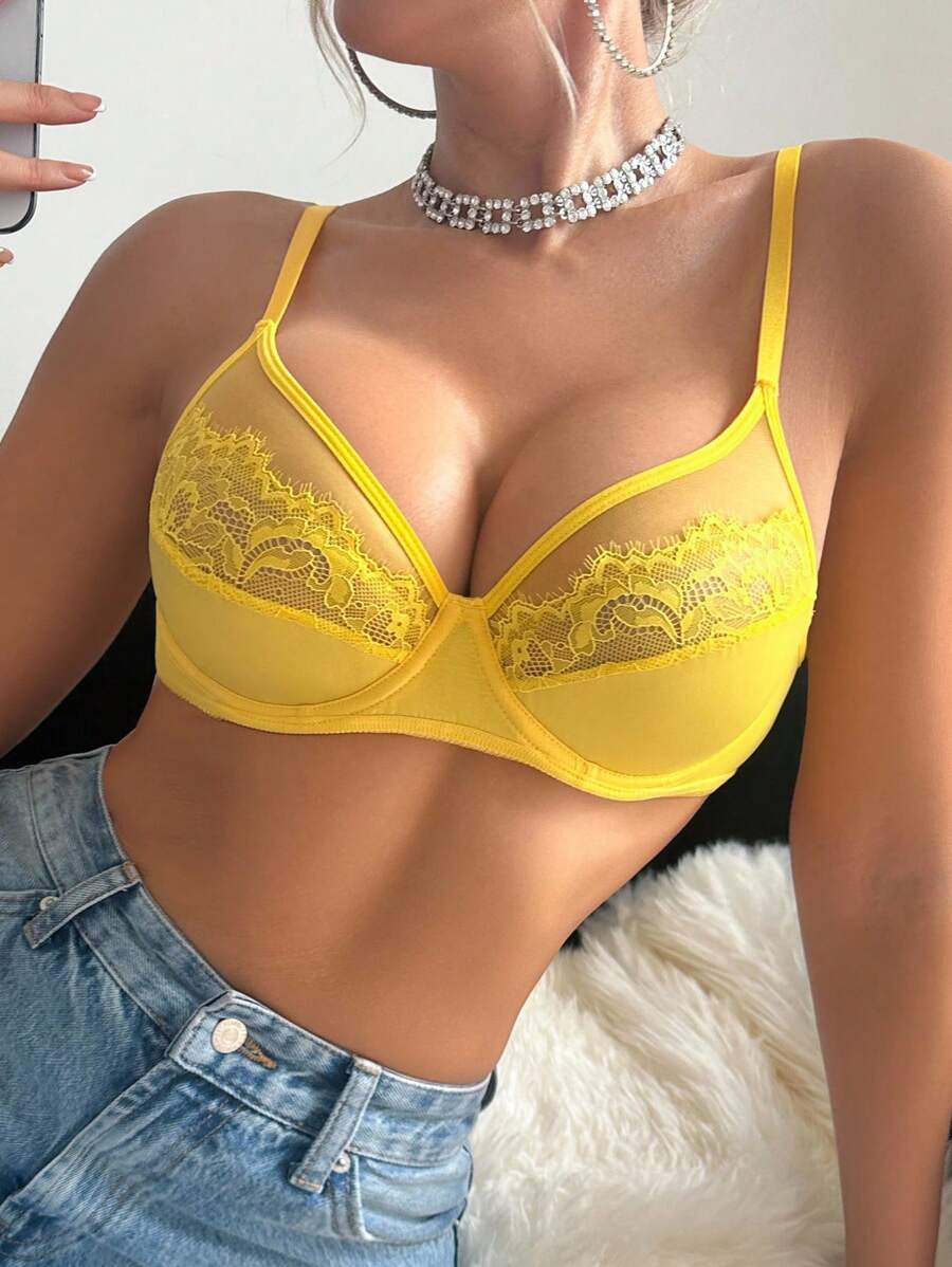 Elegant Full Coverage Lace & Mesh Floral Lace Romantic Charming Underwire Bra Yellow Lace Bra Yellow Bra Cute Bra