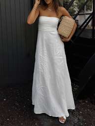 INAWLY Women's Fashion Casual Sexy Romantic Simple Solid Color Long Dress