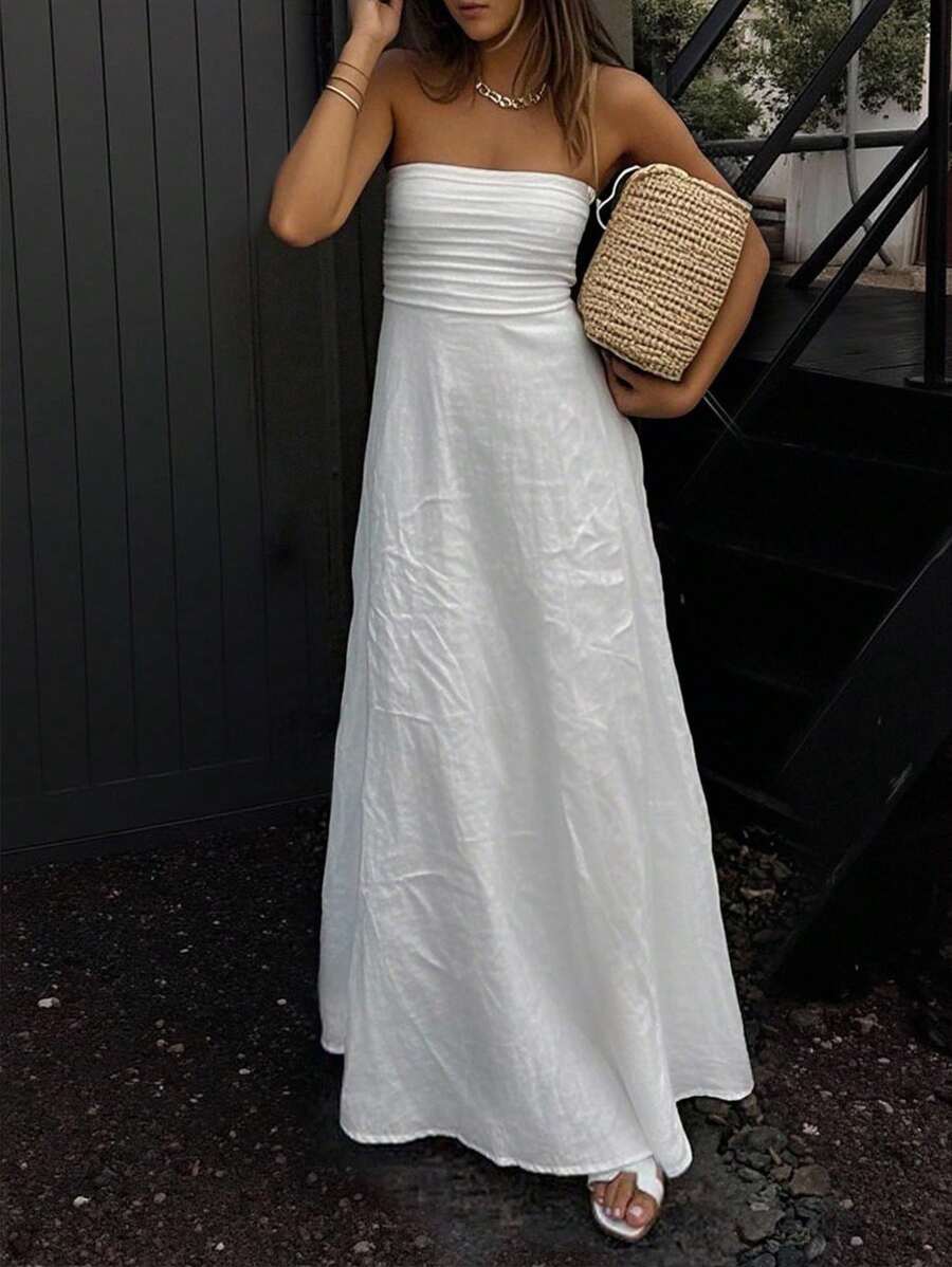 INAWLY 女士时尚休闲性感浪漫简约纯色长裙 - 白色 - 查看 1