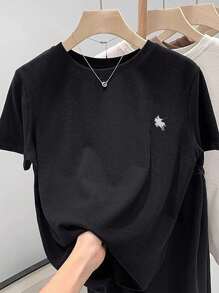 SHEIN Plus Size Women Embroidered Round Neck Short Sleeve T-Shirt - Black - View 3