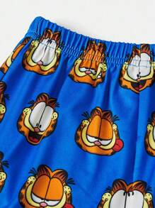 GARFIELD X SHEIN Young Boy Cat Graphic Round Neck Short Sleeve Top And Allover Cat Print Shorts Pajama Set, Suitable For Spring/Summer