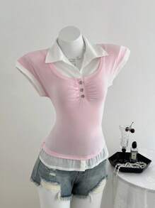 Elamini 黑白拼布装饰纽扣休闲女式夏季短袖衬衫 - 粉色 - 查看 1