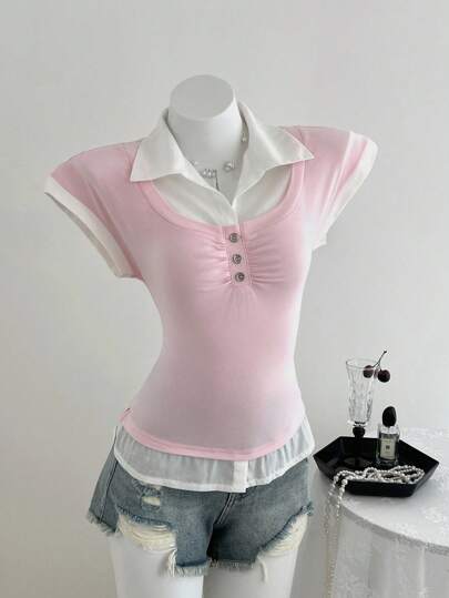 Elamini Black & White Patchwork Decorated Button Casual Women's Short Sleeve Shirt For Summer