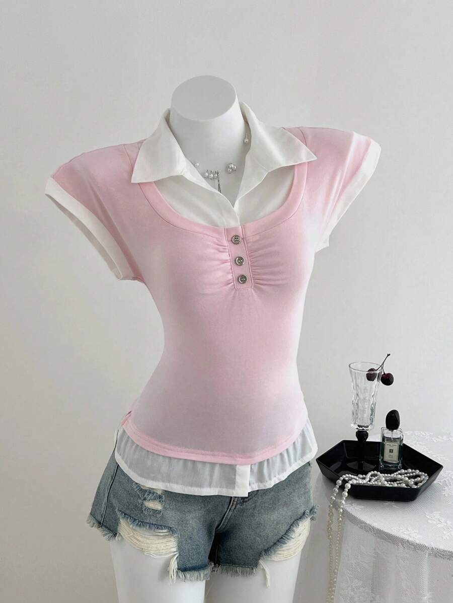 Elamini 黑白拼布装饰纽扣休闲女式夏季短袖衬衫 - 粉色 - 查看 1