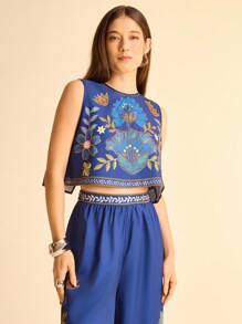 CAJUNI Women's  Vacation Bohemian Deep Blue Tropical Plant Printed Round Neck Hollow Back Casual Loose Summer Vacation Blouse, Suitable For Dating, Beach, Summer Tops,Tube Top,Crop Tops,Blusas Bonitas De Mujer,Cute Summer Tops,Basic Tops,Summer Top,Navy Blue Top,Going Out Tops Women