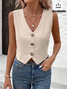 SHEIN LUNE Office Lady V-Neck Solid Color Single Breasted Vest Shirt For Women